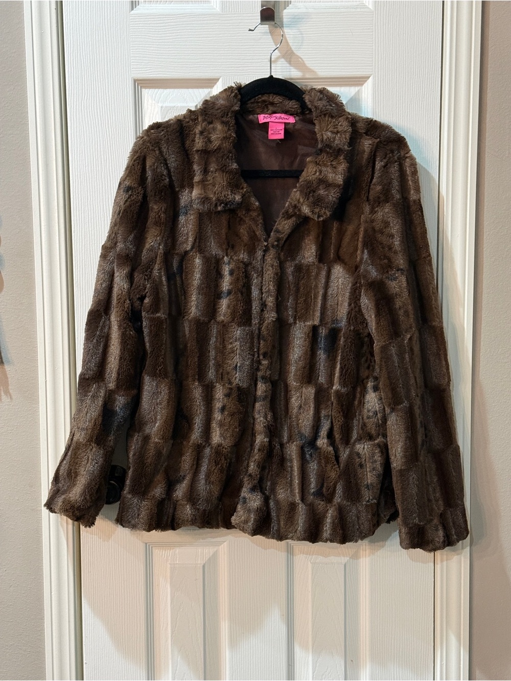 Betsey Johnson Brown Faux Fur Jacket Textured Patchwork Checkerboard Pattern L